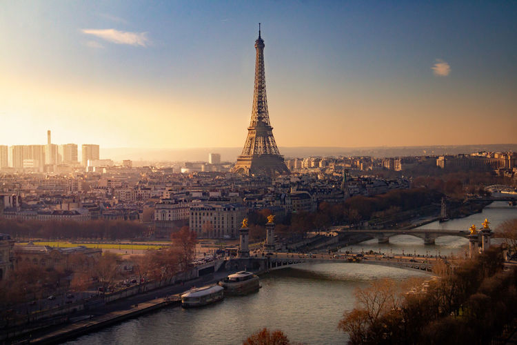 Aerial view of eiffel tower in city during sunset