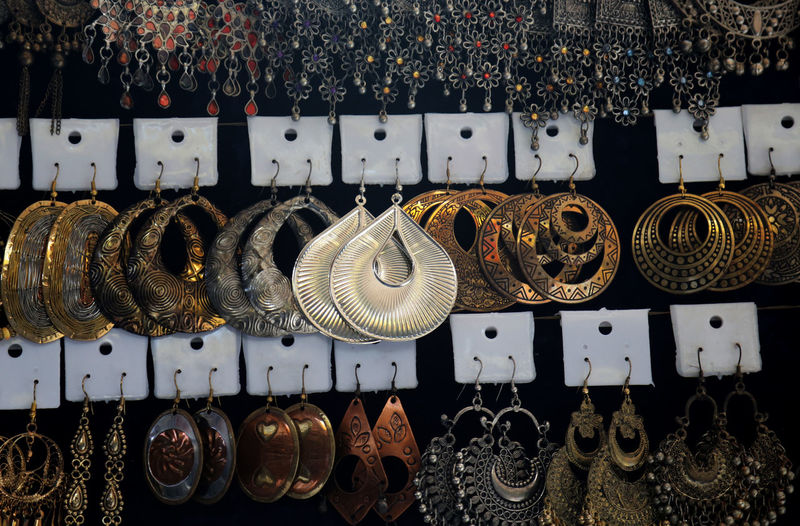 Beautiful artificial earring jewelry seen at big street market in delhi. coronavirus 