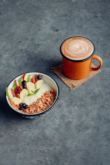 High angle view of breakfast served on table