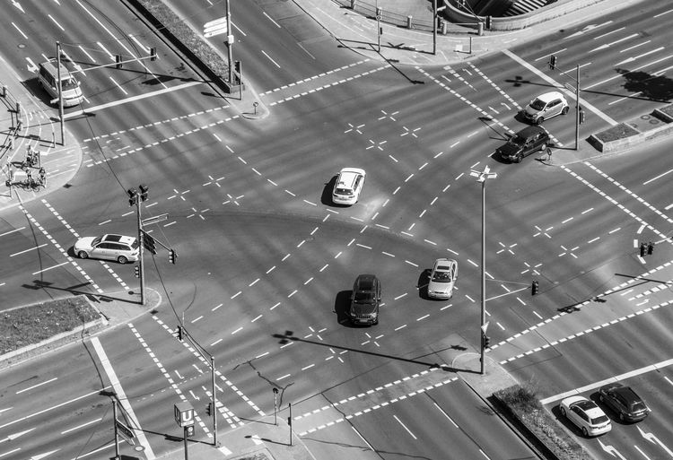 High angle view of vehicles on road intersection