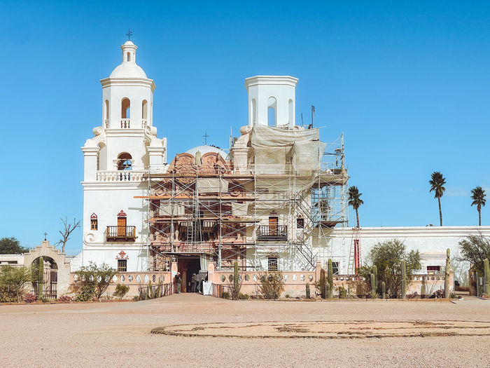 Mission san xavier del bac in tucson with scaffolding for repair.