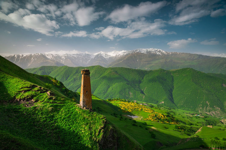 Ancient historical tower of chechens in the mountains of the caucasus.the village of tazbichi