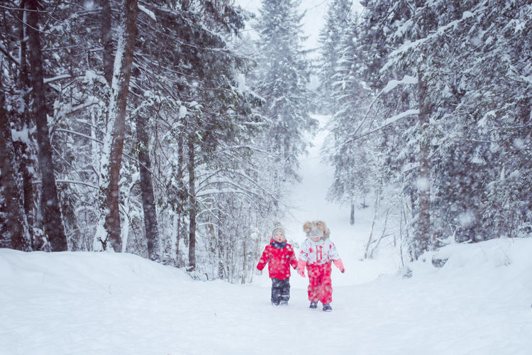 Kids walk winter snow forest