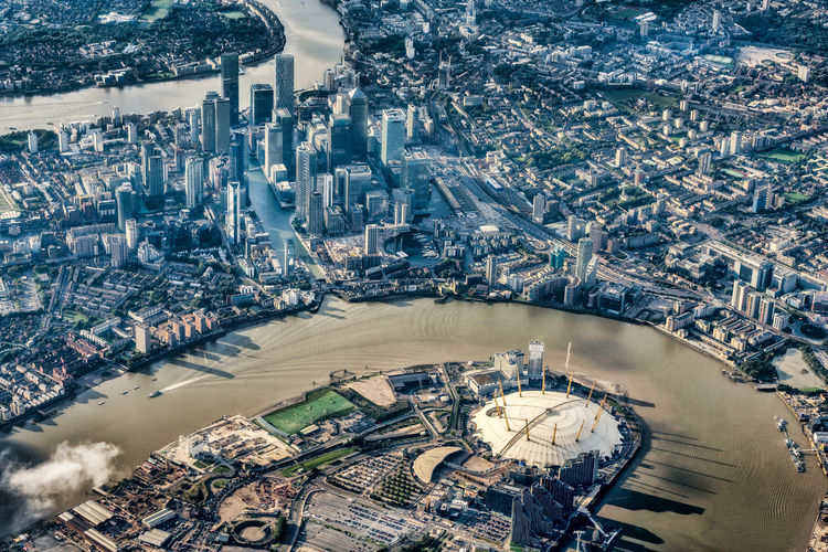 High angle view of london city buildings and river thames