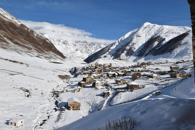 Winter in ushguli in the caucasus mountains in samegrelo-zemo svaneti region, georgia