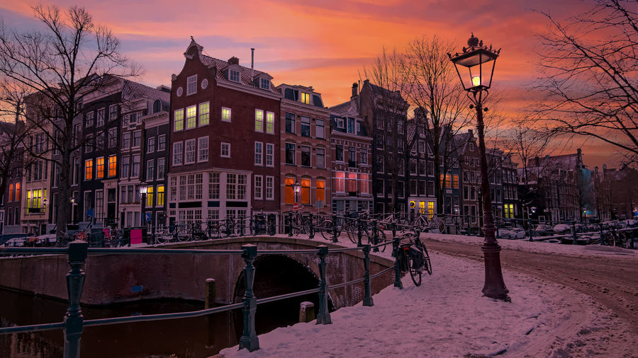 City scenic from snowy amsterdam in the netherlands
