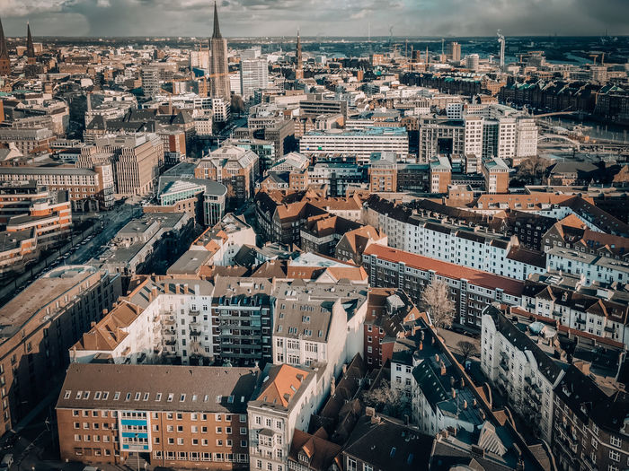 High angle view of buildings in city