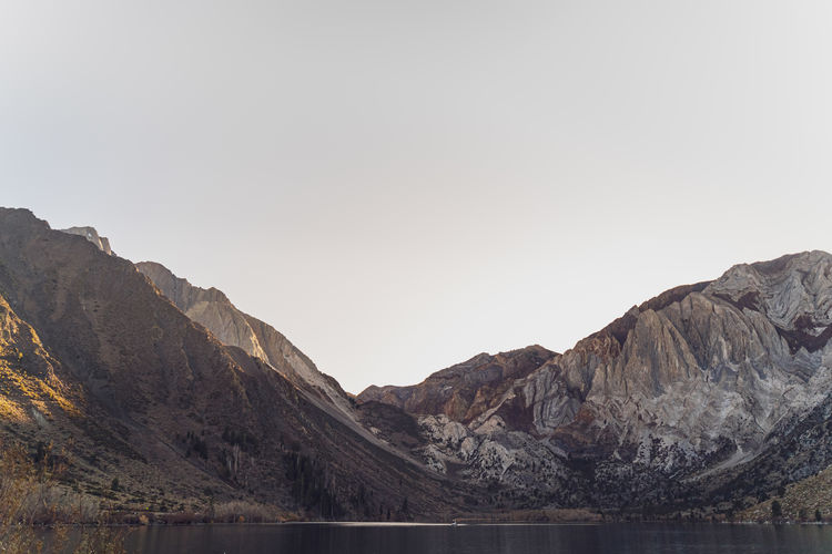 Scenic view of lake and mountains against clear sky