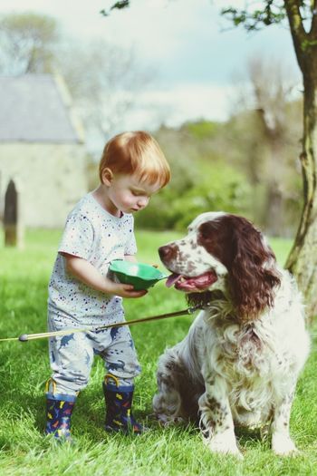 Child giving dog water after a long walk