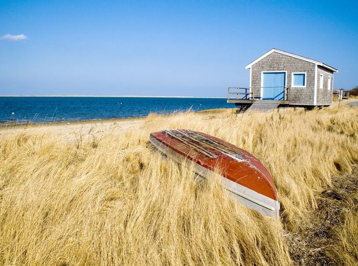 Upside down boat amidst grass by sea against sky