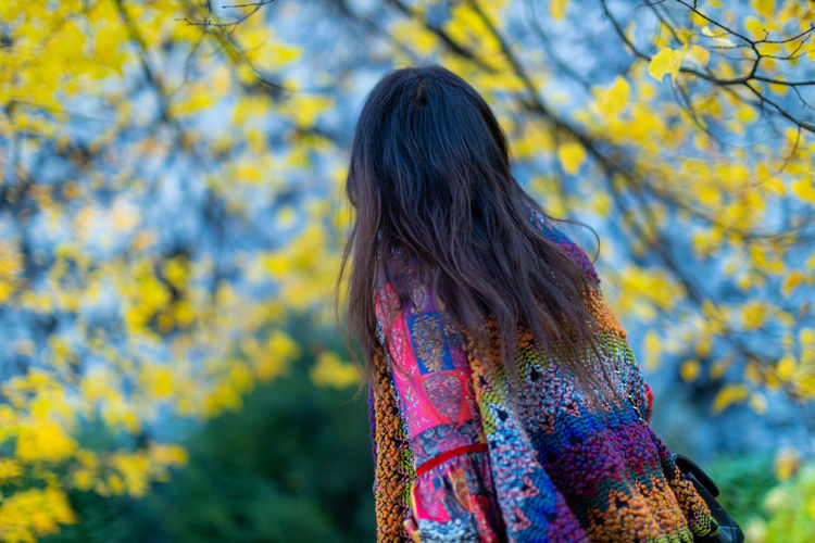 Rear view of woman standing against trees