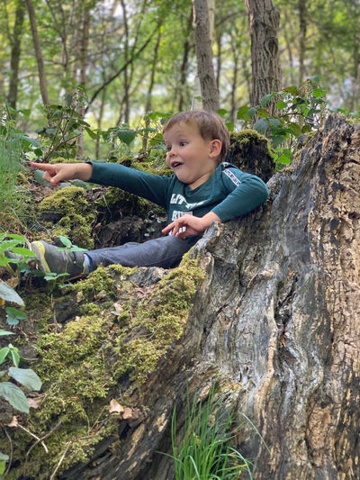 Full length of boy on tree trunk in forest