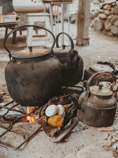 Nostalgic breakfast , fire potatoes and  eggs