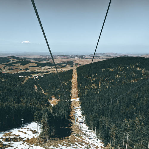 Overhead cable car in forest against sky