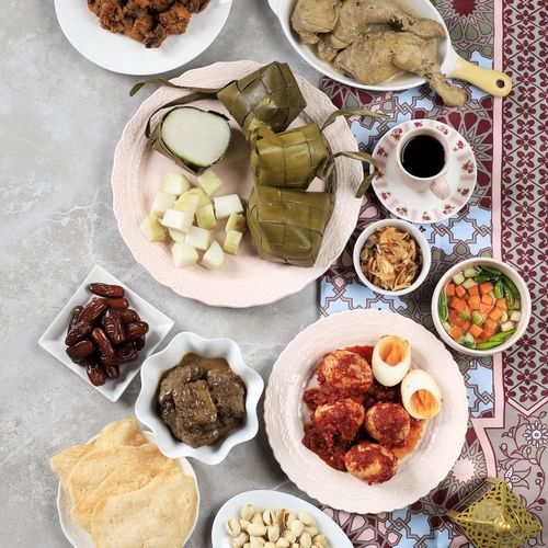 Top view ketupat lebaran set, full package menu served during lebaran eid