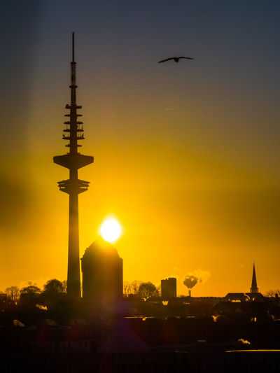Silhouette bird flying in city against sky during sunset