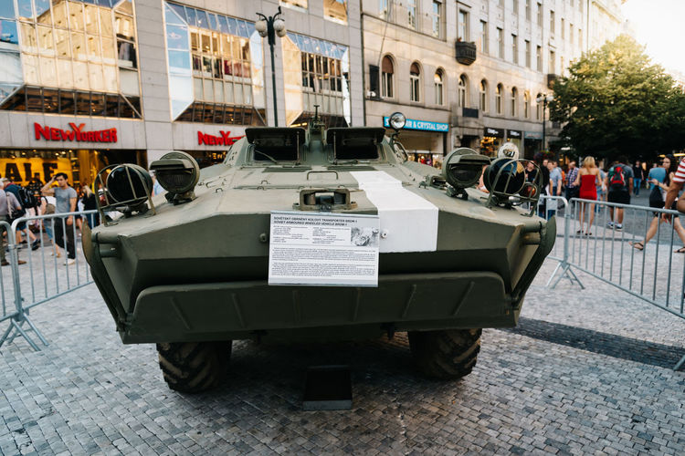 Close-up of armored tank on street in city