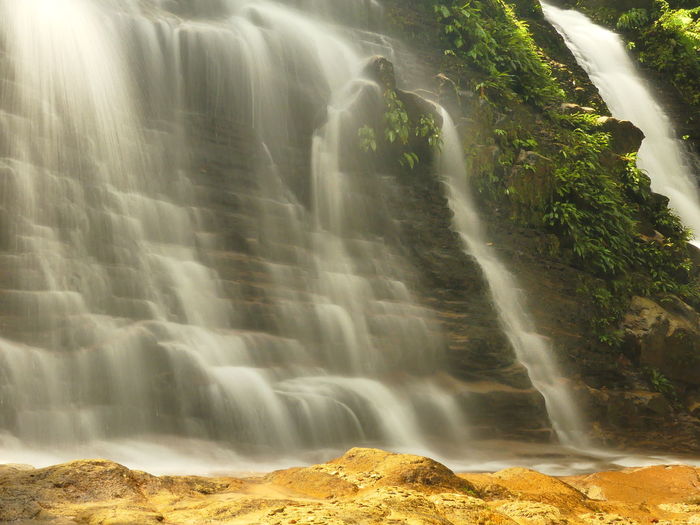 Waterfall on rocks in rainforest