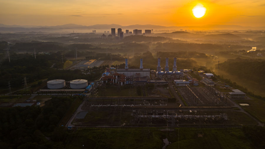 Gas turbine power plant during sunrise