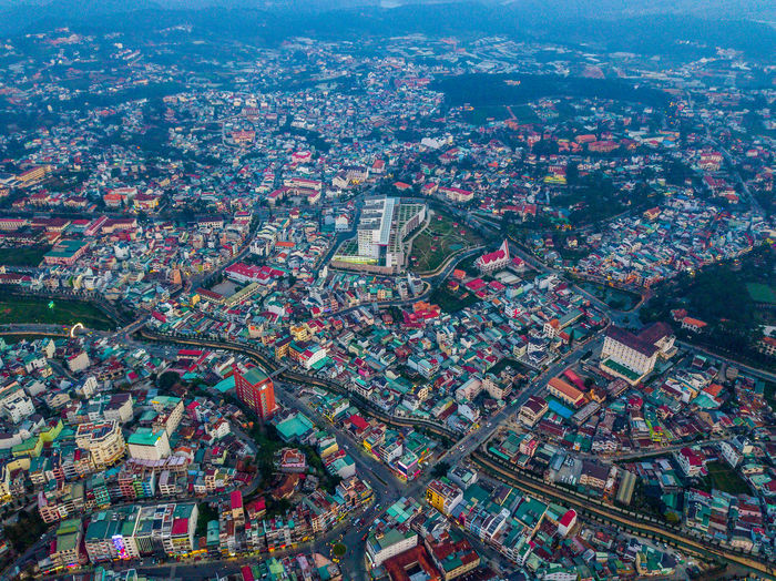Aerial view of crowded buildings in city