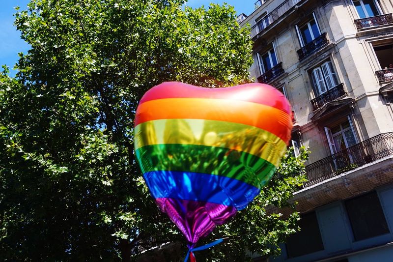 Low angle view of rainbow balloon against tree and building