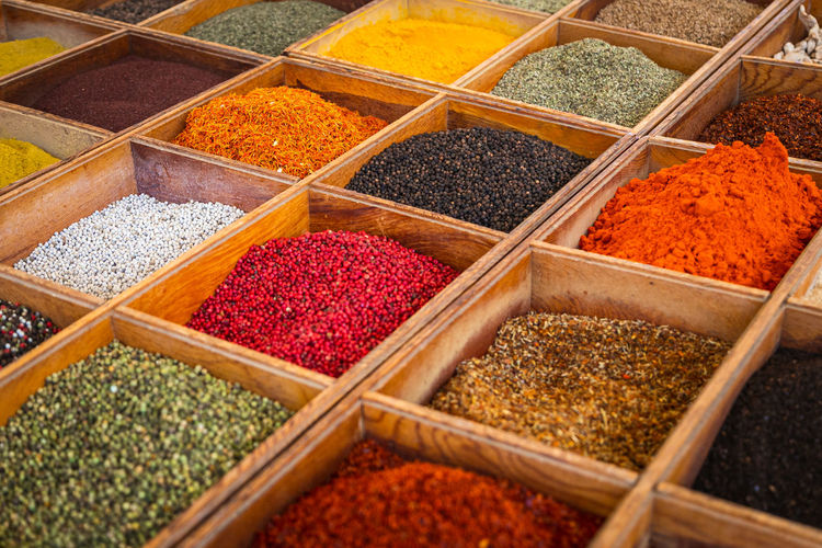 Close-up of beautiful rows of fresh spices