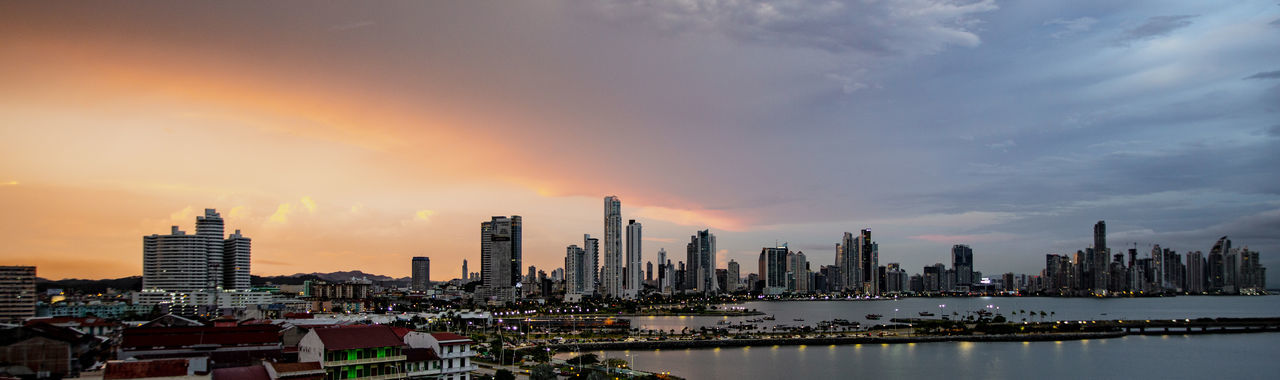 Panoramic view of buildings in city against sky during sunset