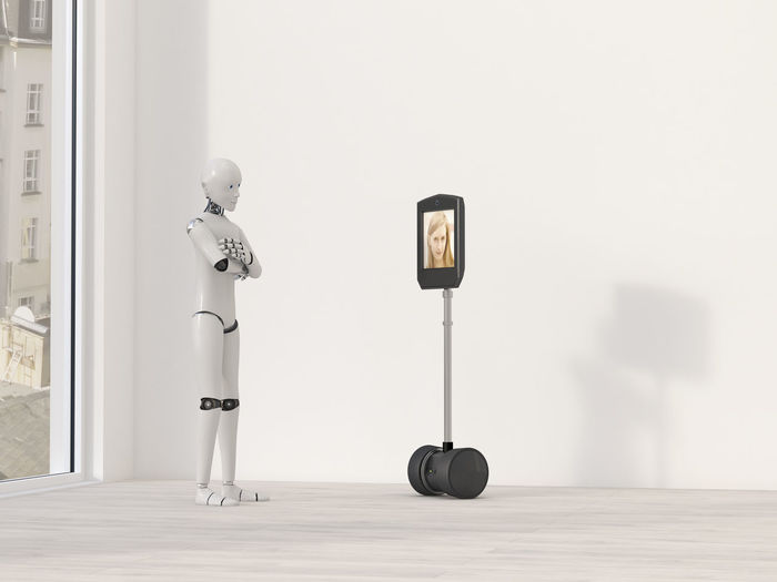 Robot at video conference, 3d rendering