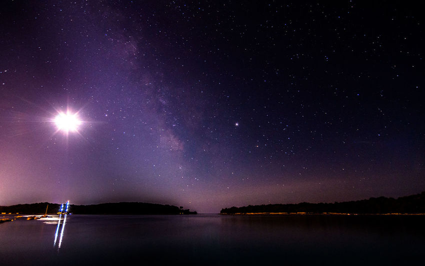 Scenic view of lake against star field with milky way at night