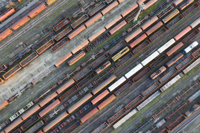 Aerial view of freight train at shunting yard