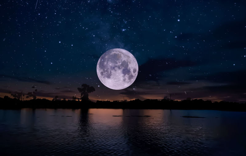 Scenic view of full moon in lake against sky at night