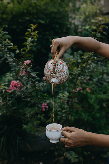 A picture of woman pouring tea against plants