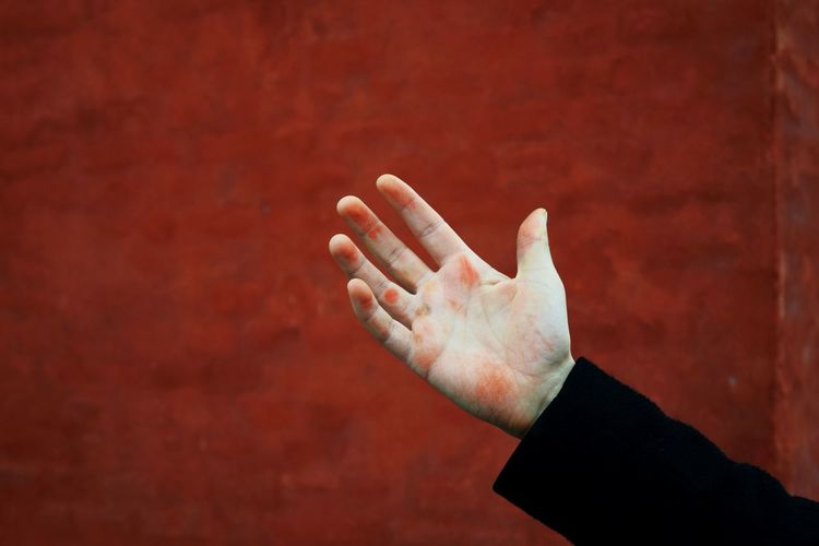 Close-up of hand against wall