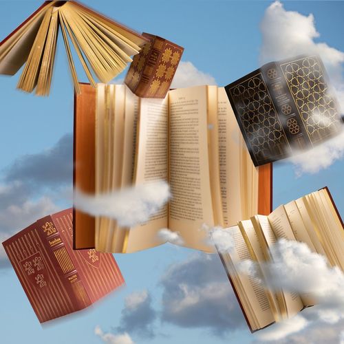 Books floating in the sky.