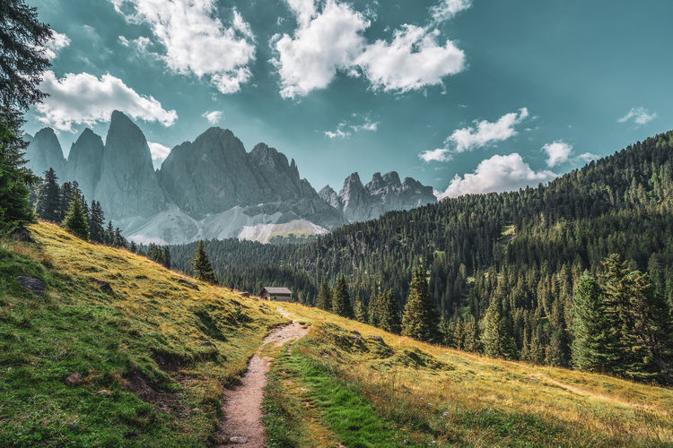 Panoramic view of the odle mountain peaks, italy. adolf munkel way.