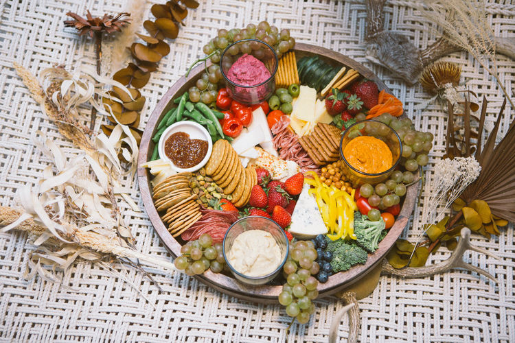 High angle view of food on table, charcuterie plate