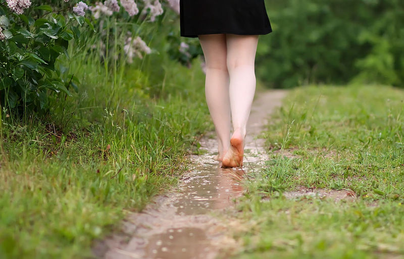 Low section of woman walking on grass