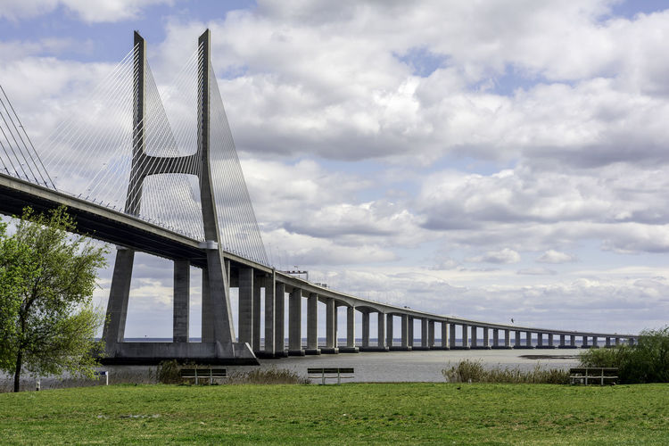 Vasco da gama bridge over river against cloudy sky