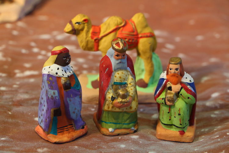 Close-up of nativity scene on table