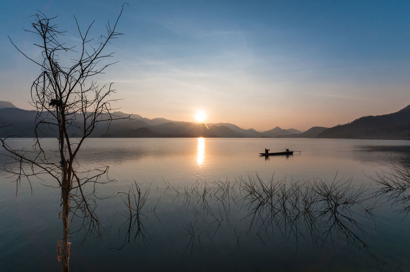 Scenic view of lake against sky during sunset