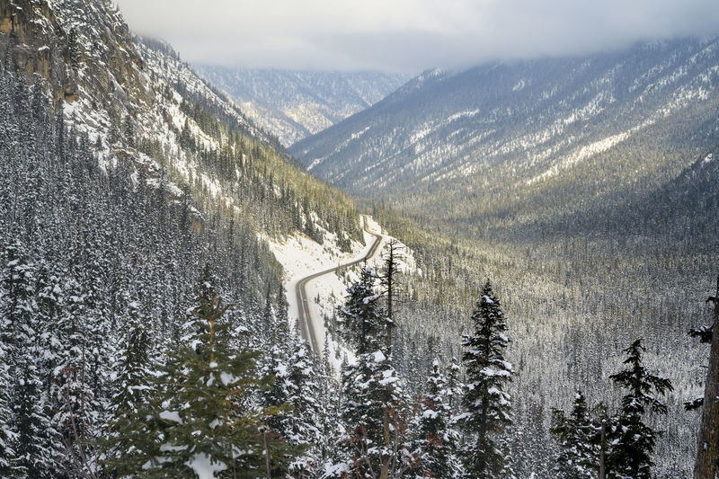 Highway through a snowy mountain valley