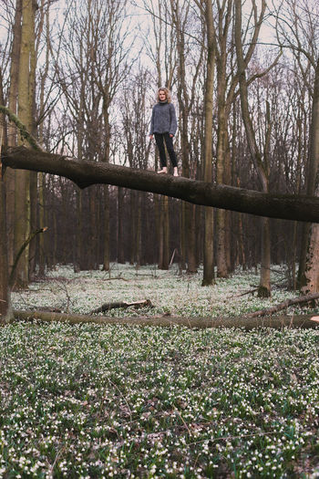 Brave lady standing on tree trunk over glade scenic photography