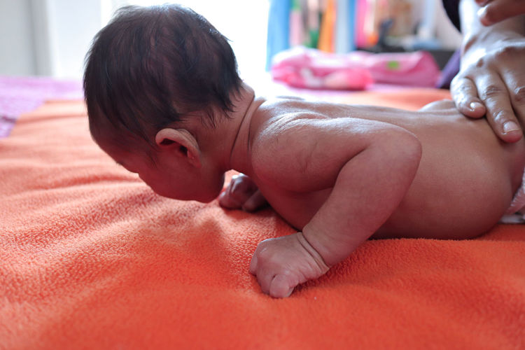 Cropped hands of woman massaging shirtless baby boy on bed at home