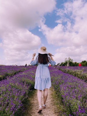 Rear view of woman on field against sky