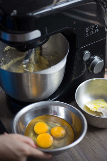 Preparation of batter with eggs in domestic kitchen