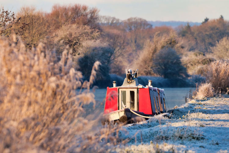 Canal boat on cold morning 