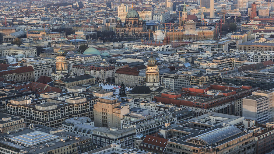 Aerial view of cityscape during sunset