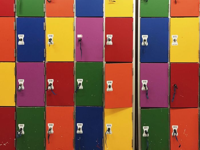 Full frame shot of colorful lockers in storage room