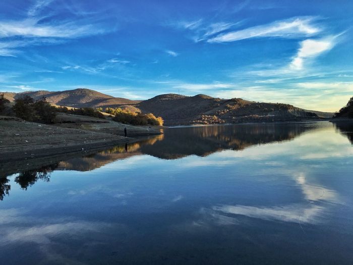 Scenic view of lake against blue sky