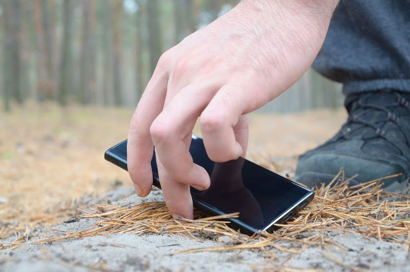 Low section of man holding mobile phone on land in forest